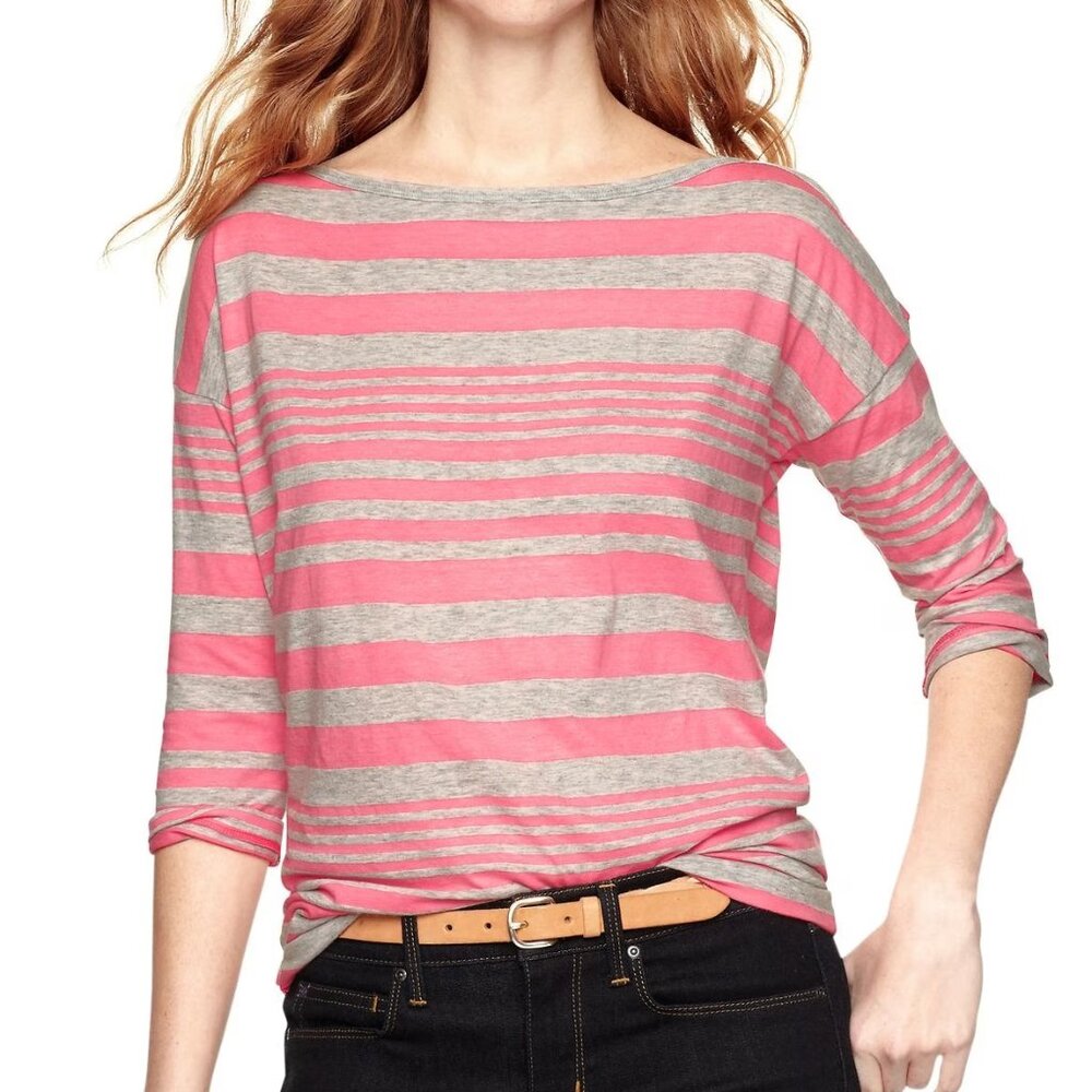 GAP 'Luxe Jersey Striped Boatneck' 3/4 Sleeve Pink & Grey Top - Size Small